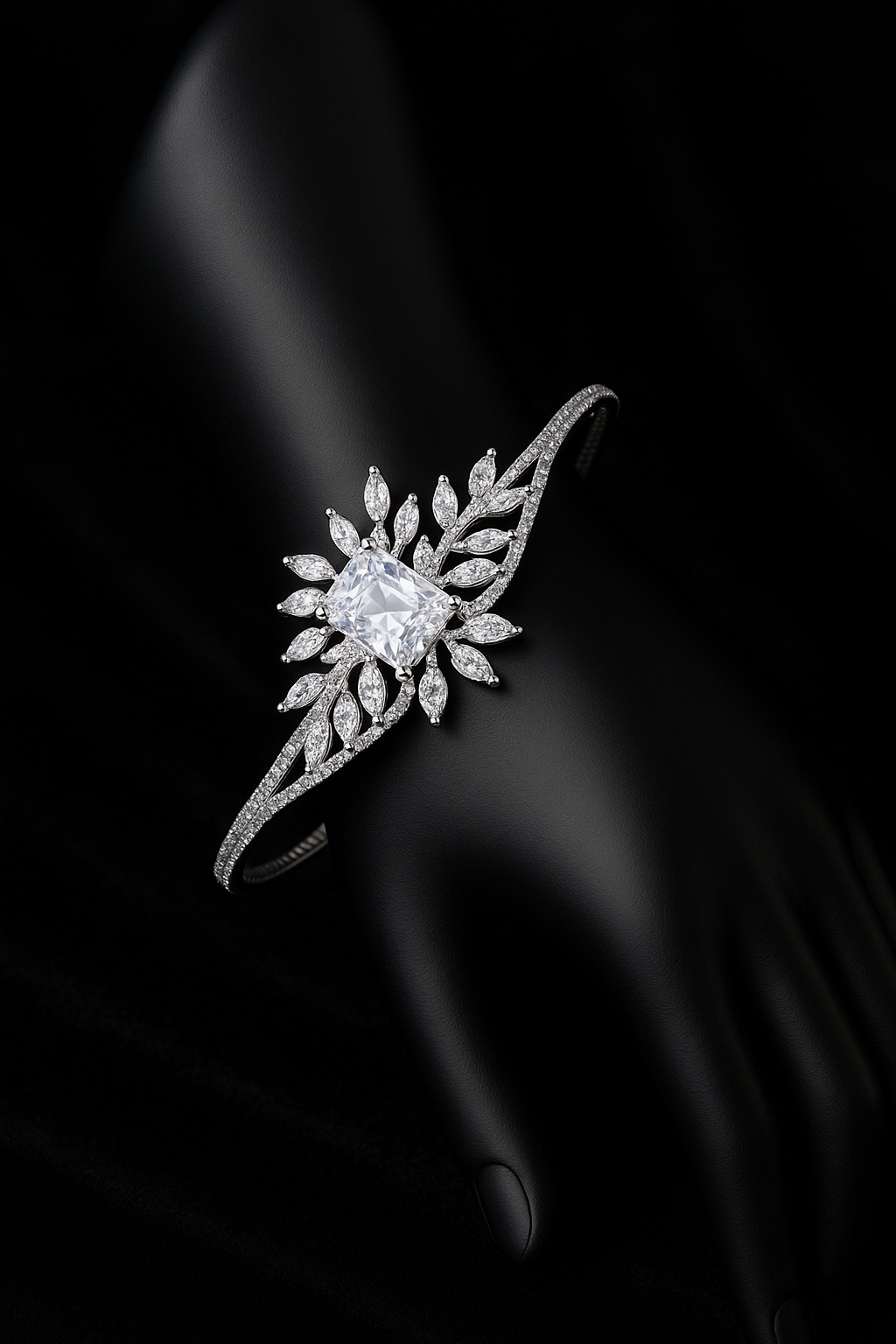 Glamour Rhodium Plated Brass American Diamond Studded Contemporary Silver Plated Leaf & Rectangle Kada Bracelets For Women & Gift For Girls