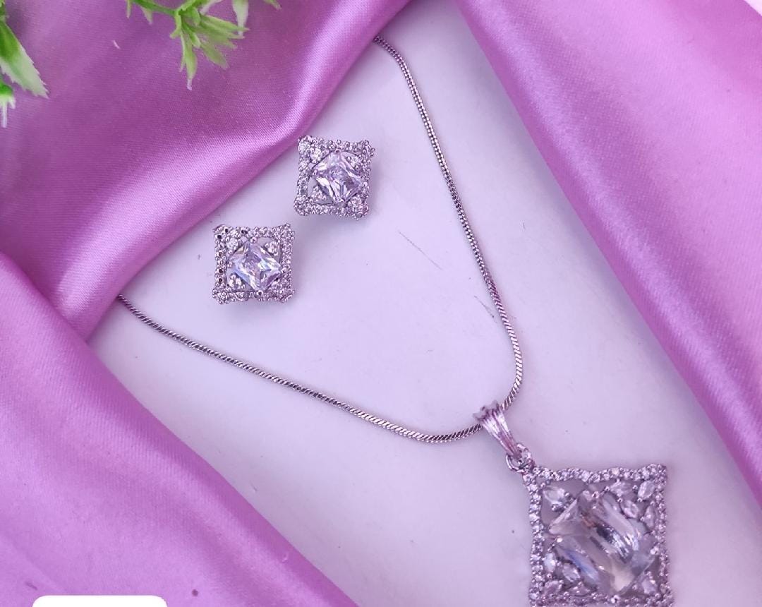 GLAMOUR Silver Plated Brass WHITE Triangle American Diamond Zircon Studded Sparkle Charm Pendant Necklace For Women Gifts for Women & Girls
