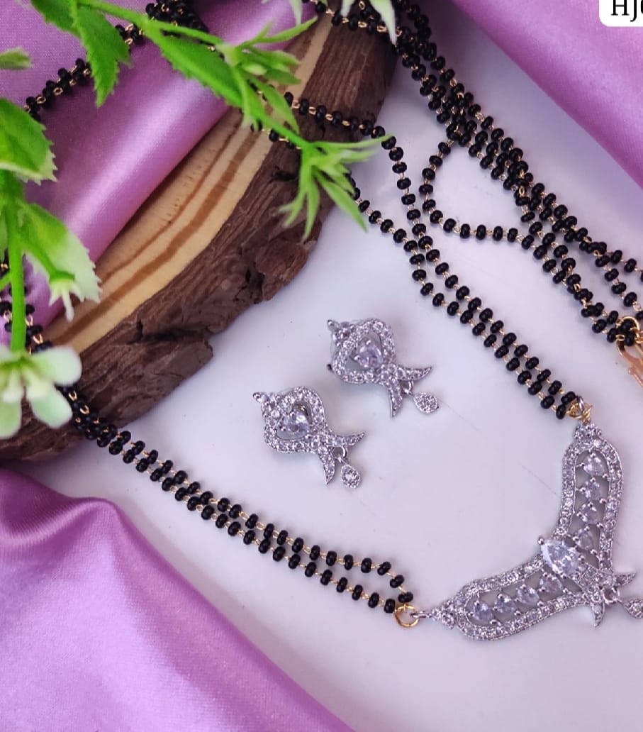 Glamour Jewels American Diamond CZ Gold Plated Stylish Mangalsutra Set with Chain and Earrings for Women