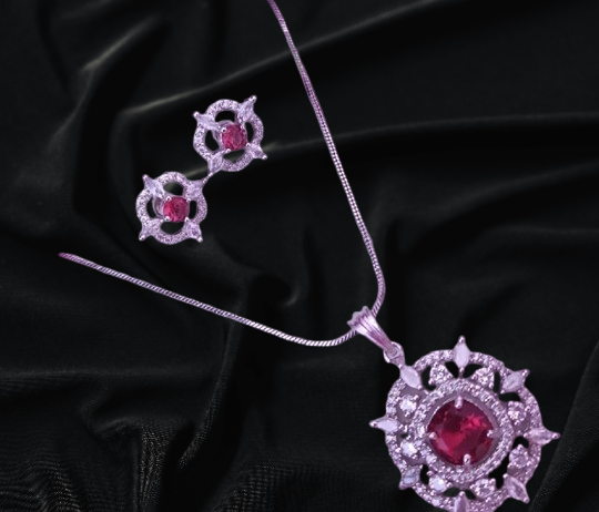 GLAMOUR Red Dazzling American Diamond Pendant With Chain For Women