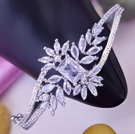 Glamour Rhodium Plated Brass American Diamond Studded Contemporary Silver Plated Leaf & Rectangle Kada Bracelets For Women & Gift For Girls