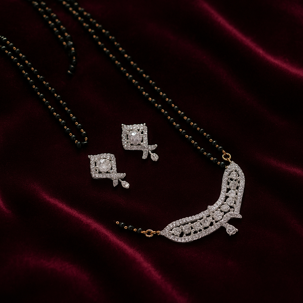 Glamour Jewels American Diamond CZ Gold Plated Stylish Mangalsutra Set with Chain and Earrings for Women