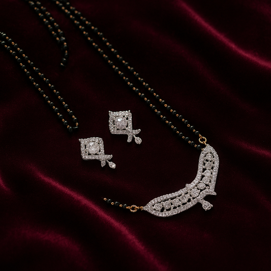 Glamour Jewels American Diamond CZ Gold Plated Stylish Mangalsutra Set with Chain and Earrings for Women