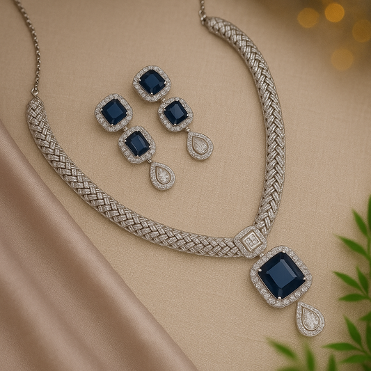 Rhodium-Plated American Diamond Studded Abstract Necklace With Earrings Jewellery Set For Girls and Women