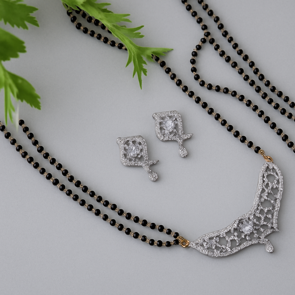 Glamour Jewels American Diamond CZ Gold Plated Stylish Mangalsutra Set with Chain and Earrings for Women