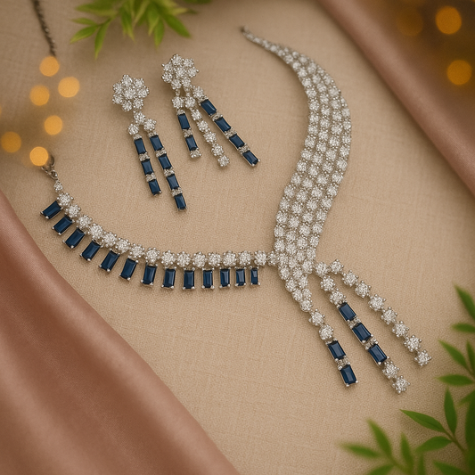 GLAMOUR blue Stones & Dazzling American Diamonds Embellished Necklace & Earring Set For Women