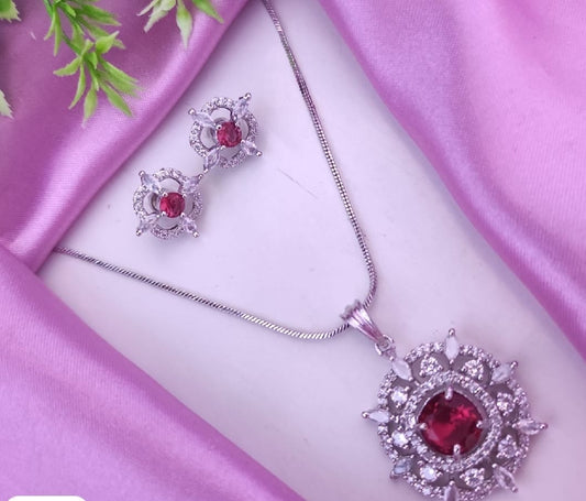 GLAMOUR Red Dazzling American Diamond  Pendant With Chain For Women
