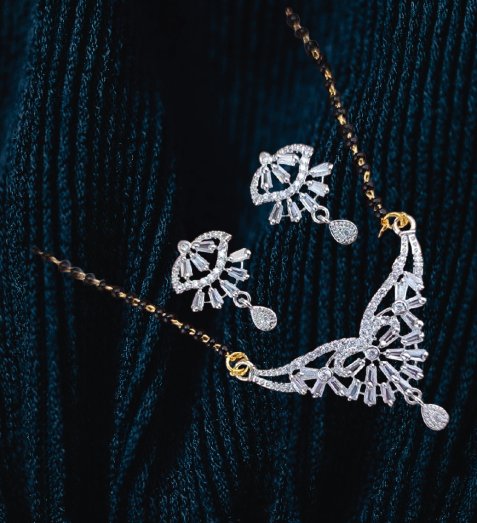 Glamour American Diamond Mangalsutras Gold Plated Pendant Jewellery with Chain and Earrings for Women