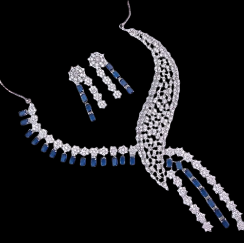 GLAMOUR blue Stones & Dazzling American Diamonds Embellished Necklace & Earring Set For Women