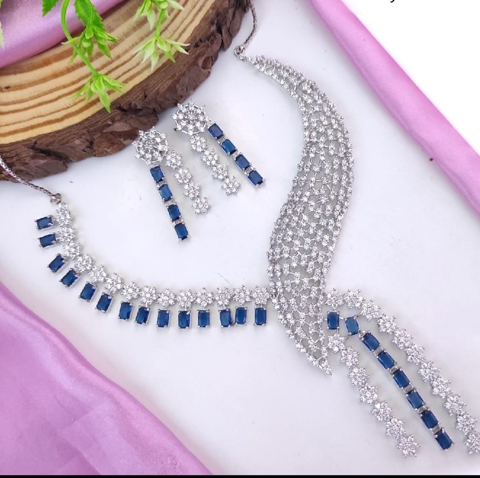 GLAMOUR blue Stones & Dazzling American Diamonds Embellished Necklace & Earring Set For Women