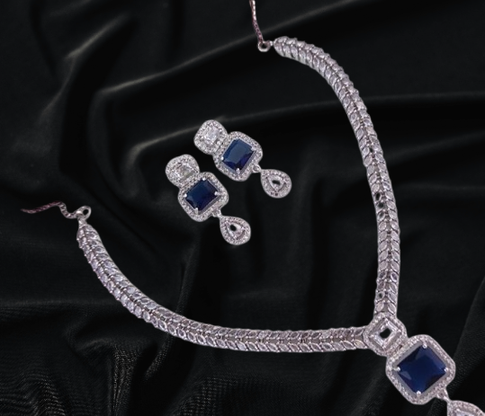 Rhodium-Plated American Diamond Studded Abstract Necklace With Earrings Jewellery Set For Girls and Women