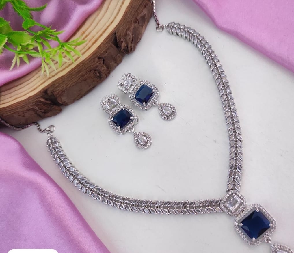 Rhodium-Plated American Diamond Studded Abstract Necklace With Earrings Jewellery Set For Girls and Women